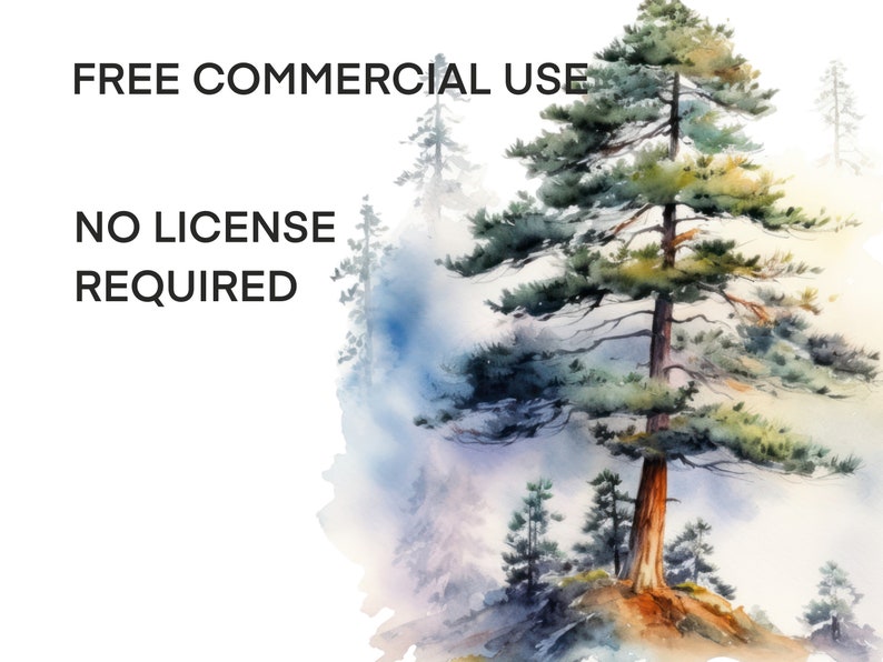 Peut inclure: Peinture &agrave; l'aquarelle d'un grand pin dans un environnement forestier. L'arbre est vert avec un tronc brun et est entour&eacute; d'autres arbres et de brouillard. Le texte "FREE COMMERCIAL USE NO LICENSE REQUIRED" est visible dans le coin sup&eacute;rieur gauche de l'image.