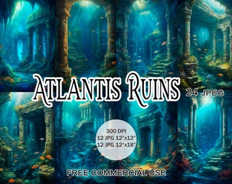 Atlantis ruins clipart, Fantasy underwater ancient greek flooded city for design, collage, scrapbook, junk journal etc., Free commercial use