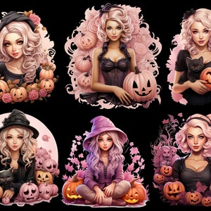 May include: Six digital illustrations of women with pink and black hair, wearing various outfits and holding pumpkins and black cats. The illustrations are set against a pink and black background with floral and leaf designs.