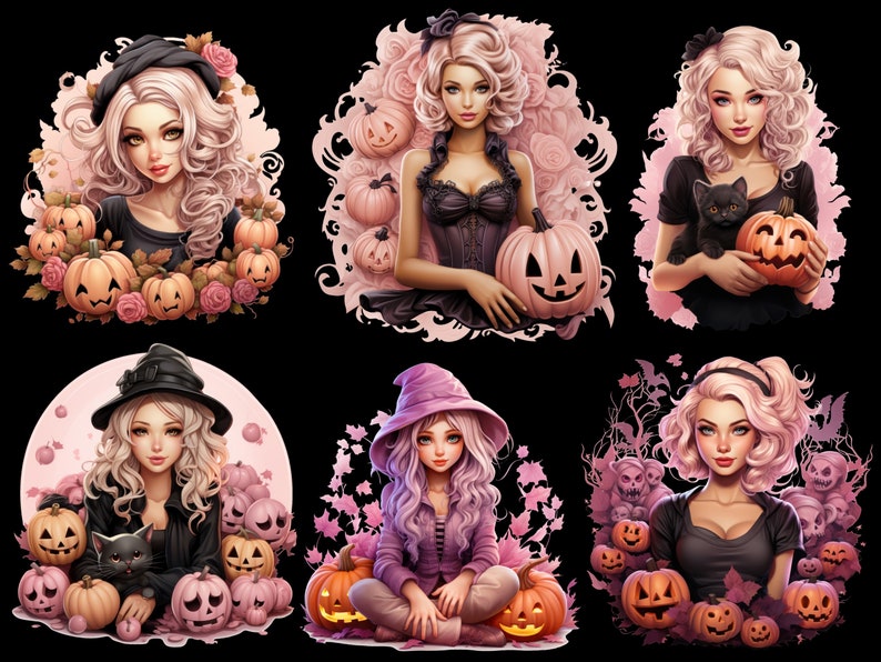 May include: Six digital illustrations of women with pink and black hair, wearing various outfits and holding pumpkins and black cats. The illustrations are set against a pink and black background with floral and leaf designs.