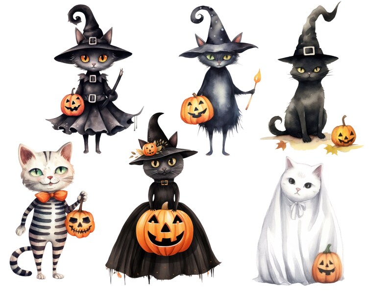 May include: A set of seven Halloween-themed illustrations featuring black cats dressed as witches and ghosts, holding jack-o'-lanterns.