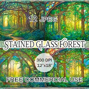 Clipart di vetrate colorate, pacchetto di opere d'arte di paesaggi di Summer Woods, pacchetto di immagini stampabili della natura in stile Art Nouveau, uso commerciale gratuito