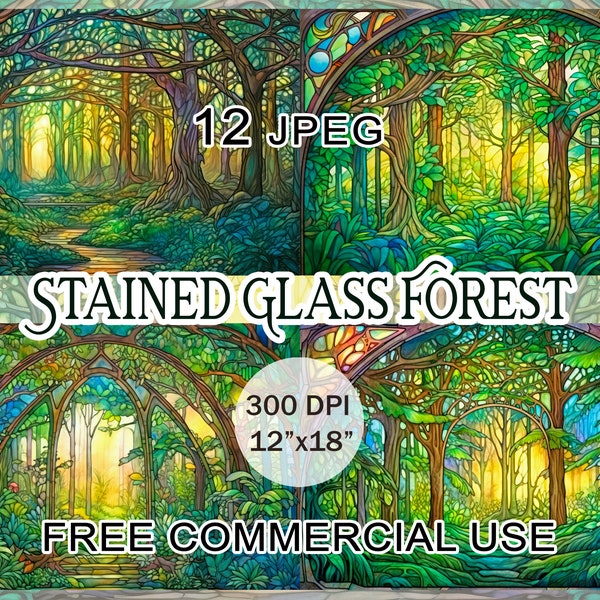 Stained glass forest clipart, Summer Woods landscape artwork bundle, Art nouveau styled nature printable images pack, Free commercial use