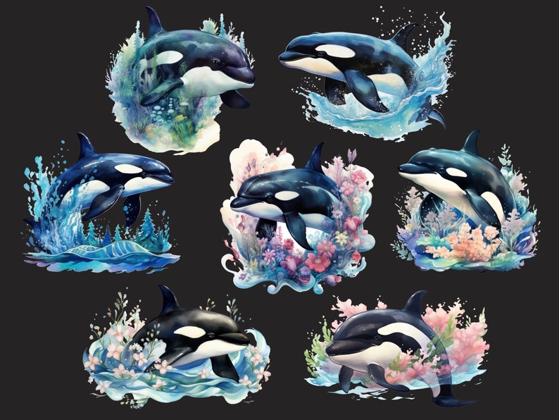 May include: Eight watercolor illustrations of orcas jumping out of the water. Each orca is surrounded by a colorful floral and water design.