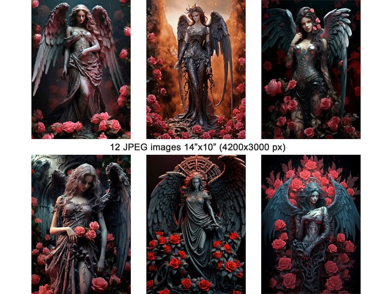 Angels With Roses Detailed Design Dark Angel in Roses Clipart, Red Roses Angels Printable Artwork, High ...