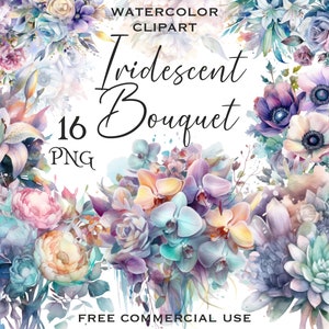 Iriserende bloemboeket clipart, aquarel holografische pioenroos, lelie, roos, madeliefje, orchidee bloemstukken met gratis commercieel gebruik
