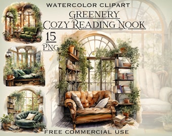 Greenery Reading nook png bundle, Watercolor book lover clipart, Bookworm room clipart, Light academia art, Reading png, Free commercial use