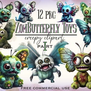Pacote PNG de brinquedo de borboleta zumbi, clipart fofo assustador, clipart de borboleta estranho, borboleta de pelúcia png, monstrinho png, arte de inseto assustador