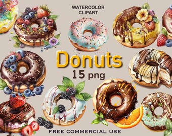 Watercolor donut clipart, Donut PNG bundle, Watercolor clipart, Donuts png, Watercolor baking clipart, Bakery clipart, Donut invitation