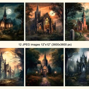 May include: Six digital illustrations of a gothic church in a woodland setting. Each image features a different colour palette and lighting scheme, with a full moon in the sky. The church is surrounded by trees and a path leading to the entrance.