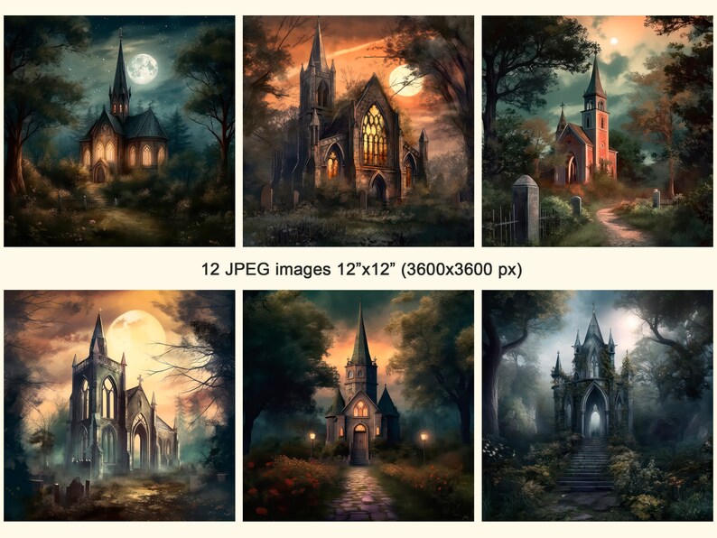 May include: Six digital illustrations of a gothic church in a woodland setting. Each image features a different colour palette and lighting scheme, with a full moon in the sky. The church is surrounded by trees and a path leading to the entrance.