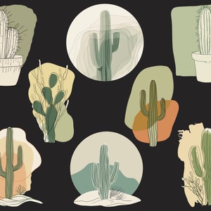 May include: A set of eight illustrations of cacti in various styles. The cacti are drawn in black outlines with green and brown fill colours. The illustrations are set against a black background.