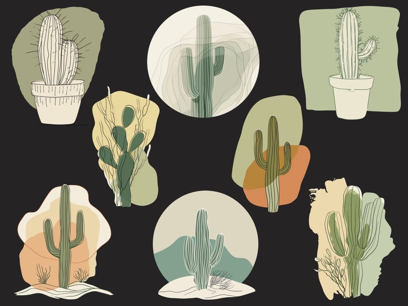 May include: A set of eight illustrations of cacti in various styles. The cacti are drawn in black outlines with green and brown fill colours. The illustrations are set against a black background.
