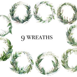 Pu&ograve; includere: Nove ghirlande ad acquerello con foglie verdi e fiori bianchi. Le ghirlande sono disposte in cerchio con il testo "9 Wreaths" al centro.