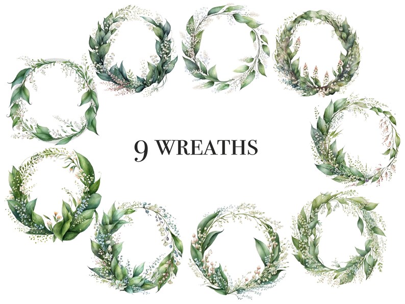 Pu&ograve; includere: Nove ghirlande ad acquerello con foglie verdi e fiori bianchi. Le ghirlande sono disposte in cerchio con il testo "9 Wreaths" al centro.
