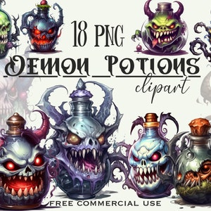 Könnte beinhalten: 18 PNG-Clipart-Bilder von Dämonen-Tränkflaschen mit verschiedenen Farben, Designs und Ausdrücken. Jede Flasche hat ein schädelartiges Gesicht mit Hörnern und Zähnen. Der Text "DEMON POTIONS clipart" ist in Schwarz auf weißem Hintergrund geschrieben.