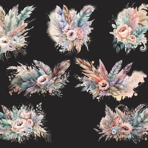 May include: Watercolor illustrations of floral bouquets with feathers and leaves. The bouquets are in shades of pink, blue, and green. They are perfect for adding a touch of nature to your designs.