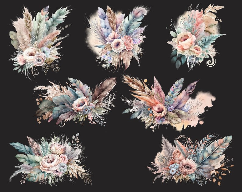 May include: Watercolor illustrations of floral bouquets with feathers and leaves. The bouquets are in shades of pink, blue, and green. They are perfect for adding a touch of nature to your designs.