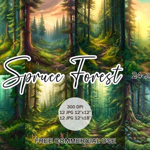 Spruce forest clipart, Summer woods nature landscape images with for design, print, collage, scrapbooking, junk journal, Free commercial use