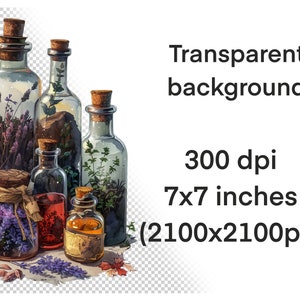 May include: A collection of glass bottles filled with dried herbs and flowers. The bottles are arranged in a row on a white background. The bottles are various sizes and shapes, and the herbs and flowers are a variety of colors.