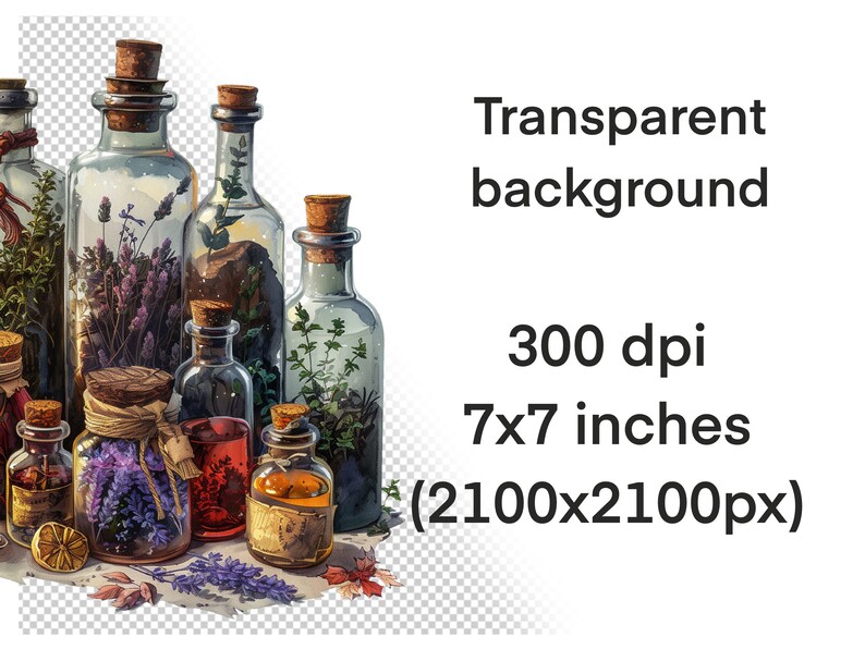 May include: A collection of glass bottles filled with dried herbs and flowers. The bottles are arranged in a row on a white background. The bottles are various sizes and shapes, and the herbs and flowers are a variety of colors.