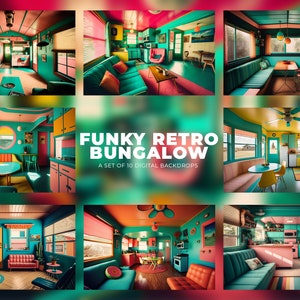 May include: A set of 10 digital backdrops featuring a funky retro bungalow with bright colours, including teal, pink, yellow, and orange. The bungalow has a variety of rooms, including a living room, kitchen, and bedroom. The backdrops are perfect for creating unique and stylish designs.