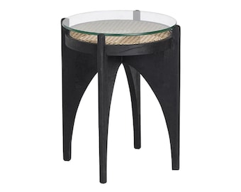 Handcrafted Maya End Table with Global Inspiration- Unique Rattan and Mango Wood Design from India - Round Glass Top with Rattan Woven Table