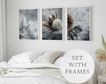 Set Of 3 Framed Modern Wall  Art Decor Neutral Wall Art Dandelion Seeds Macro Photos Living Room Wall Posters Minimalist Framed Wall Gallery