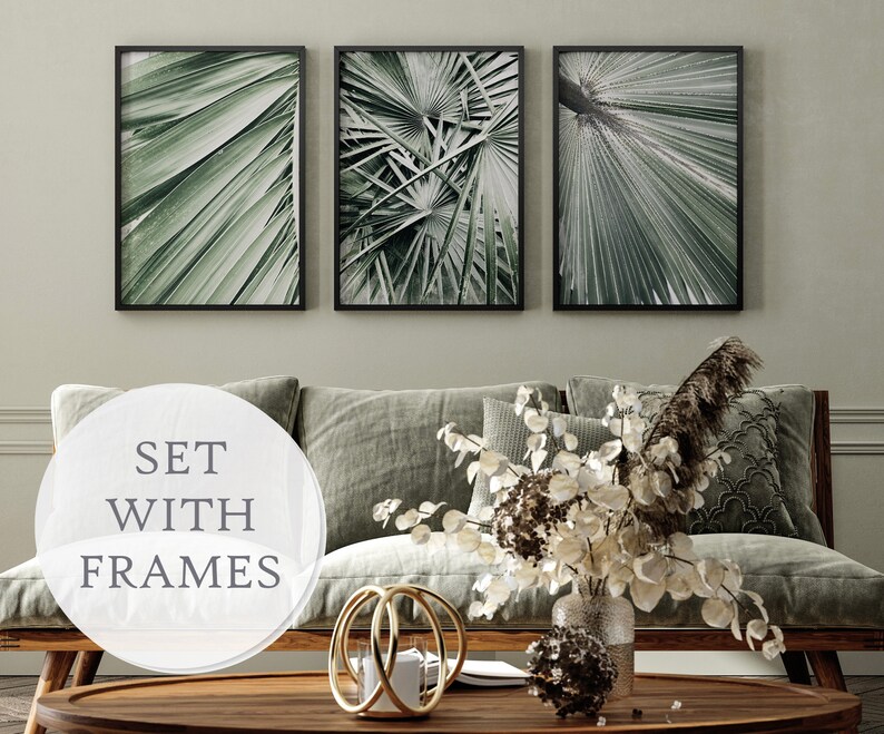 Image showcasing Set of 3 Greenery Wall Decor in Frames, Sage Green Tropical Leaves ...