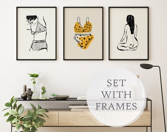 FRAMED SET OF 3 Yellow & Black Modern Wall Art Feminist Poster, Woman Empowerment Gift, Girls Room Decor, Woman Illustration White Frame