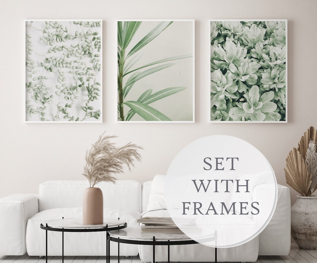 Set of 3 Greenery Wall Decor in Frames, Sage Green Tropical Leaves