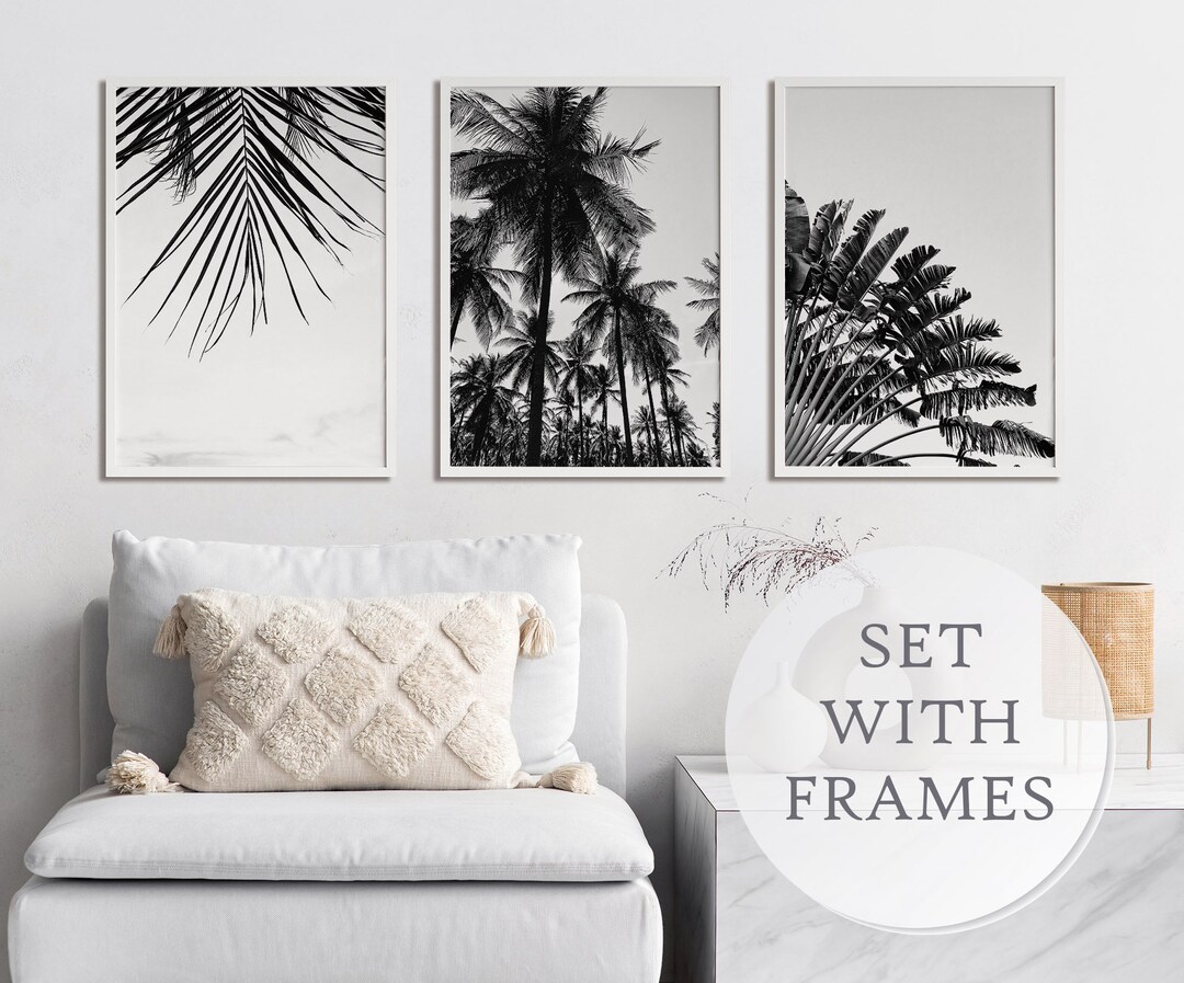 Framed Set of 3 Tropical Plant Wall Art, Black and White Minimal Wall