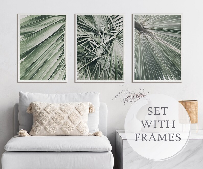 Set of 3 Greenery Wall Decor in Frames, Sage Green Tropical Leaves ...