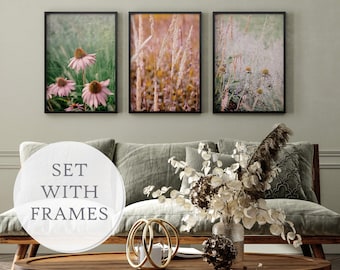 Wildflower Set of 3 FRAMED Prints, Boho Wildflower Photography, Neutral Botanical 3 Pieces Wall Art, Farmhouse Nature Set of 3 Prints