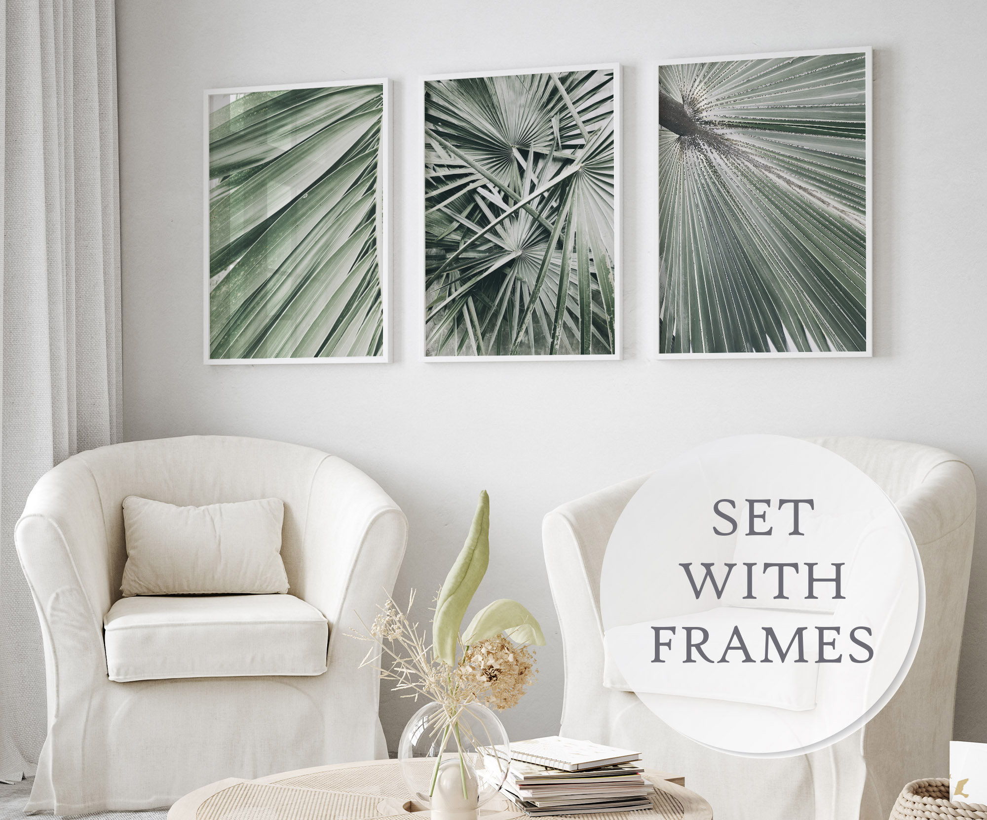Set of 3 Greenery Wall Decor in Frames, Sage Green Tropical Leaves