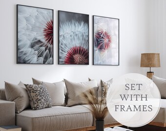 Set Of 3 Framed Modern Wall  Art Decor Neutral Wall Art Dandelion Seeds Macro Photos Living Room Wall Posters Minimalist Framed Wall Gallery