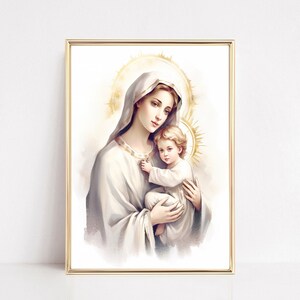 Gesegnete Jungfrau Maria Aquarellkunst, katholische druckbare, Maria und Jesus Wandkunst, christliche Wanddekoration, Mutter Maria Kunst, christliche Drucke