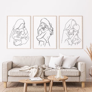 Mother and Baby Print, Mother&#39;s Day Gift, Minimalist Line Art, Printable Wall Art, Nursery Wall Art, Mom and Baby, Line Art, Set of 3 Prints