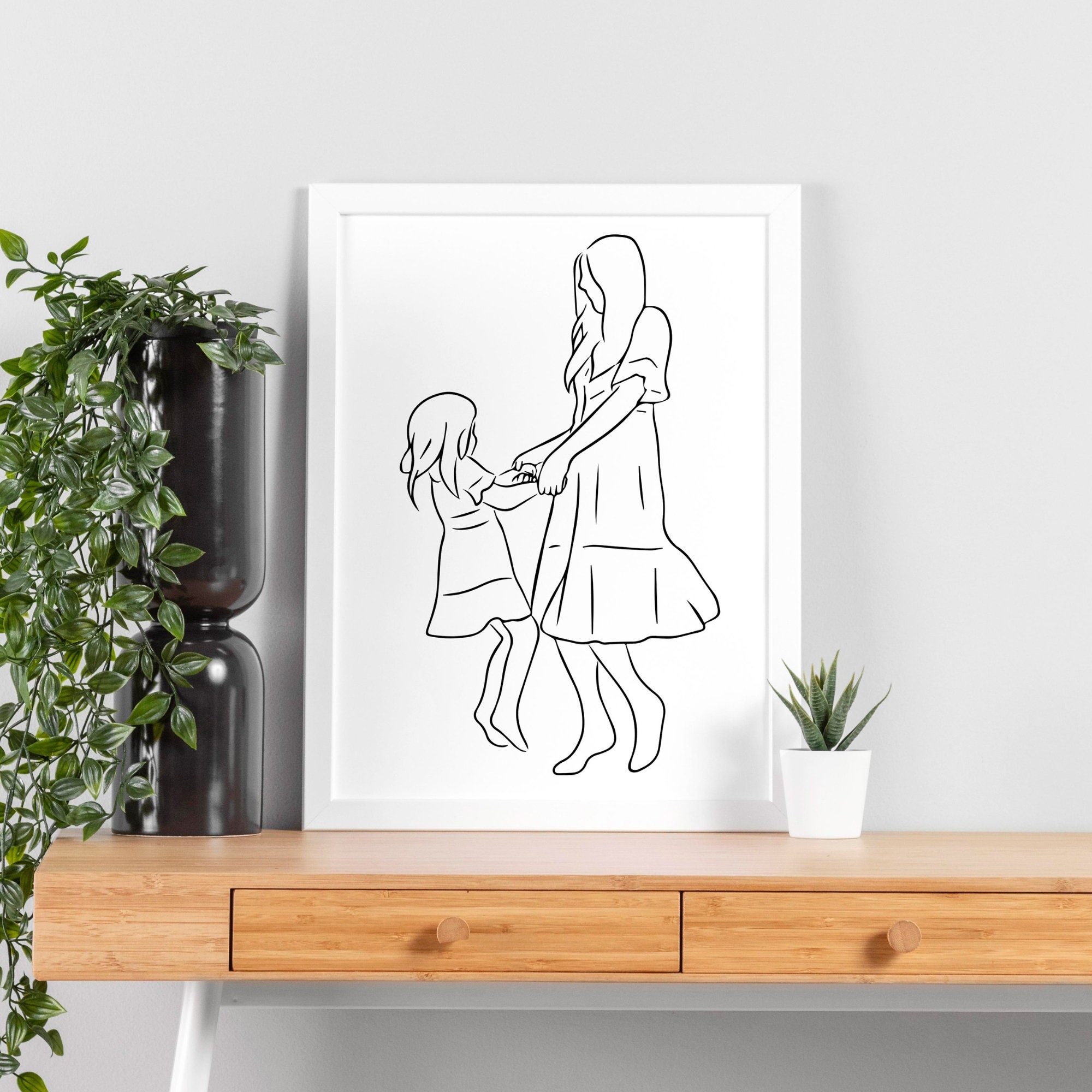 Mother and Daughter Line Art Print, Mom and Daughter Line Drawing ...