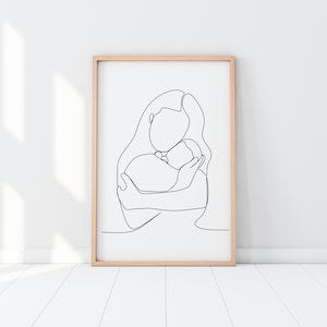 Mother And Baby Line Art Print, Mother&#39;s Day Gift, Family Line Drawing, Mom and Son Line Art, Mother Holding Baby Line Art, Nursery Wall Art