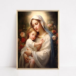 Jungfrau Maria mit Baby Jesus, Mutter Maria Aquarell Wandkunst, Christliche Wanddekoration, Katholische Printable, Christliche Drucke, Mutter Maria Kunst