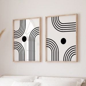 Mid Century Black and White Geometric Abstract Wall Art, Minimalist Art Prints, Mid Century Modern Gallery Wall Art, Set of 2 Wall Art Print