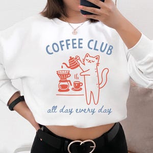 Coffee Cat Sweatshirt, Breakfast Diner Sweatshirt, Croissant Sweatshirt, Retro Coffee Crewneck Sweater, Vintage Coffee Aesthetic Sweatshirt