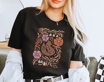 Vintage Folklore Fox Tshirt, Cottagecore Aesthetic Shirt, Wildlife Tee, Forest Animal Shirt, Boho Fox Shirt Women, Bohemian Flower Shirt