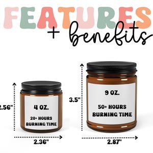 May include: Two amber glass candle jars with black lids and white labels. The smaller jar is 4 oz and has a burn time of 20+ hours. The larger jar is 9 oz and has a burn time of 50+ hours. Both jars are on a white background.