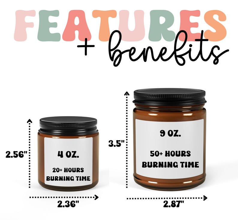 May include: Two amber glass candle jars with black lids and white labels. The smaller jar is 4 oz and has a burn time of 20+ hours. The larger jar is 9 oz and has a burn time of 50+ hours. Both jars are on a white background.