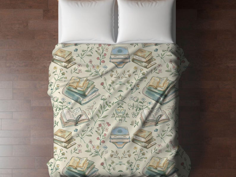 May include: A white duvet cover with a pattern of stacked books and floral sprigs. The books are illustrated with watercolor-style drawings of open pages.