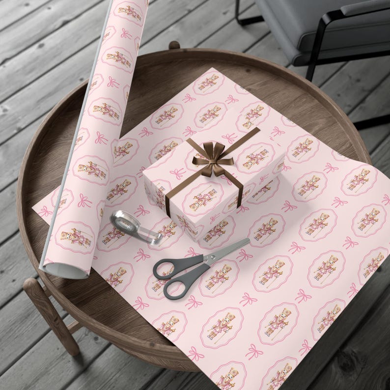Christmas Nutcracker Gift Wrap, Pink Christmas Wrapping Paper, Coquette Gift Wrap, Cute Winter Wrapping Paper, Bow Christmas Holiday Gift image 3