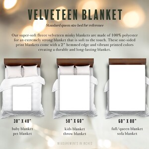 May include: Three white velveteen blankets on a wooden bed frame. The blankets are shown in three different sizes: 30 inches by 40 inches, 50 inches by 60 inches, and 60 inches by 80 inches. The text "VELVETEEN BLANKET" is at the top of the image.