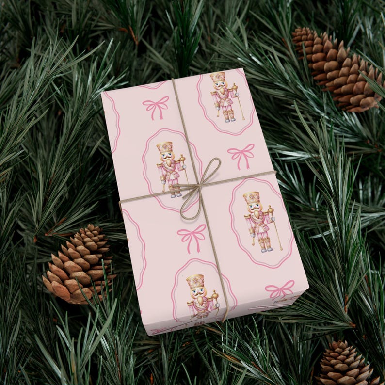 Christmas Nutcracker Gift Wrap, Pink Christmas Wrapping Paper, Coquette Gift Wrap, Cute Winter Wrapping Paper, Bow Christmas Holiday Gift image 2